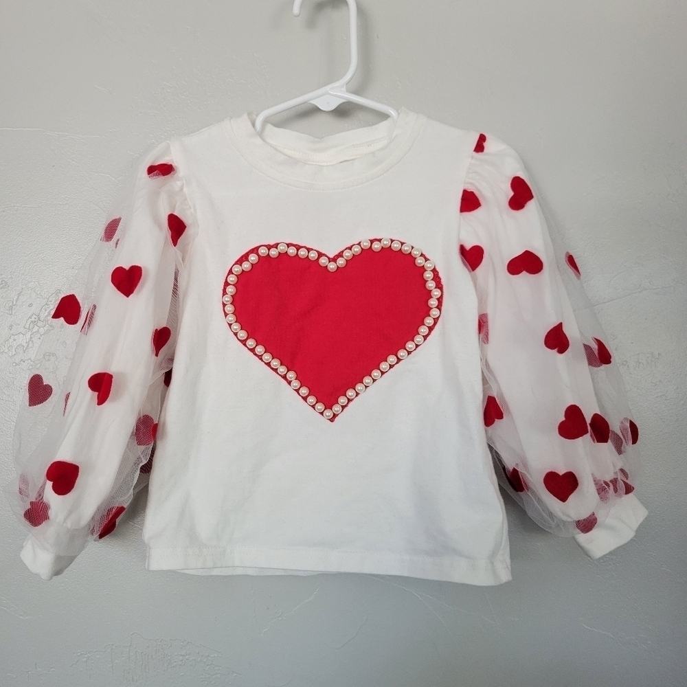 Little Girls White Long Sleeve Shirt Red Heart Velvet Pearls Tulle Statement 3T